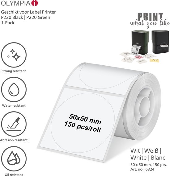 Étiquettes thermiques Olympia OL6324 - 50 x 50 mm - Wit/ Rond - 150 pcs. - Domicile | Bureau | Hobby - Pack de 1