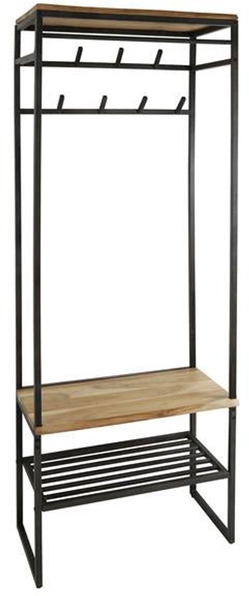 Garderoberek met Kapstok & Schoenenrek (182cm x 70cm x 35cm) - Garderoberek industrieel - Garderobe Rek lades - Halmeubel - Kapstok Staand met 8 haken - Wandkapstok Muur Hoedenplank - Hout & Zwart Metaal Landelijk