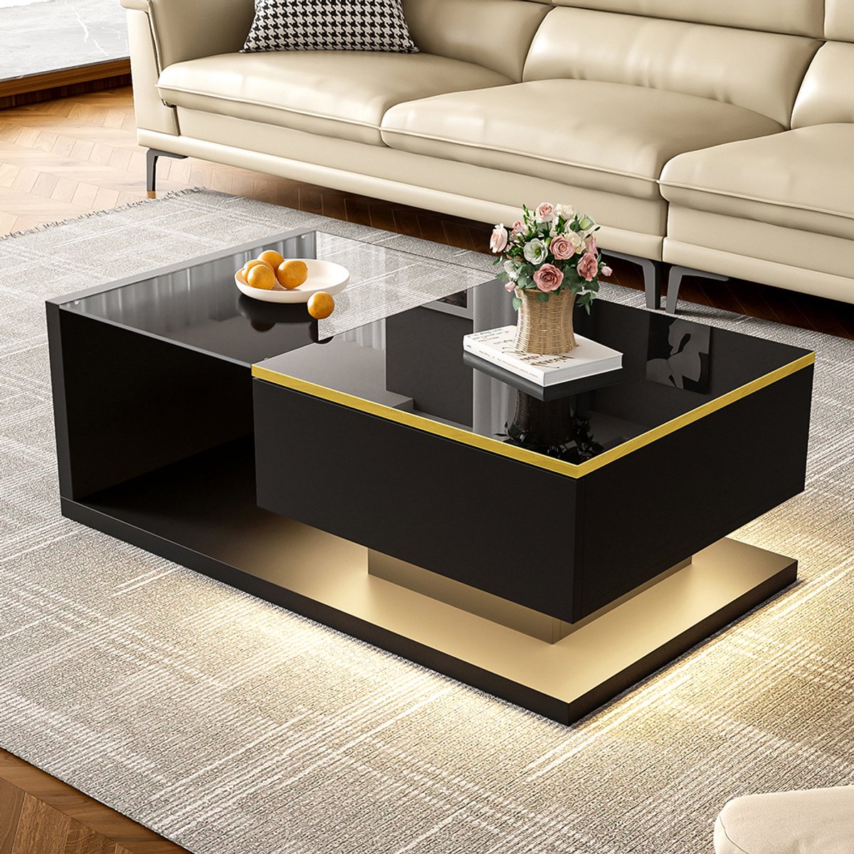 Komhtom Salontafel van 90 cm langglanzend zwart. Bijzettafelssalontafels met glas en LED-effect
