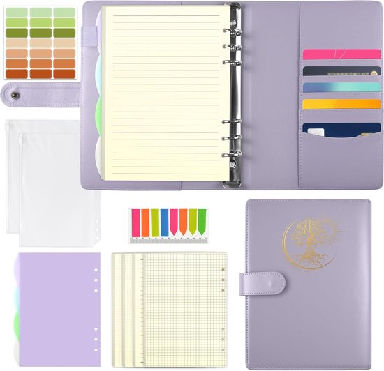 Agoer Classeur A5 rechargeable en cuir synthétique avec recharge de 150 feuilles, 4 intercalaires, autocollants et enveloppes à fermeture éclair, pour bureau, école et voyage (bleu marine
