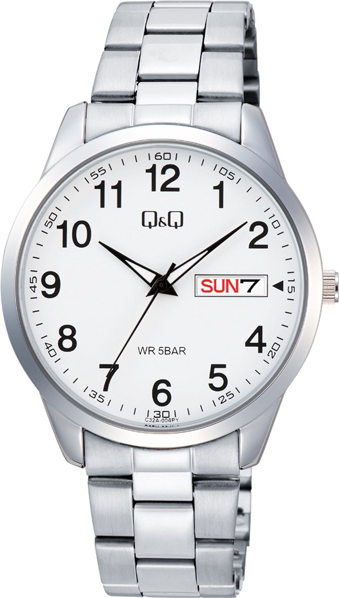 QQ-model c32a-004py-Herenhorloge-dagaanduiding- datum aanduiding-duidelijke wijzerplaat-5 bar waterdicht-diameter 42 mm-zilverkleurig