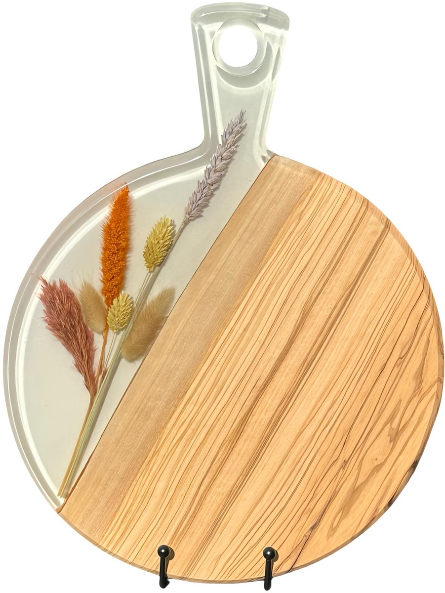 Luxe Serveerplank/borrelplank van Olijfhout en Epoxy – Handgemaakt – Met Ingelegde Gedroogde Bloemen - Epocraft
