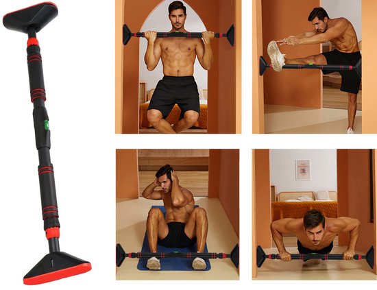Collage met een man die de optrekstang gebruikt voor optrekken, push-ups en beenoefeningen.