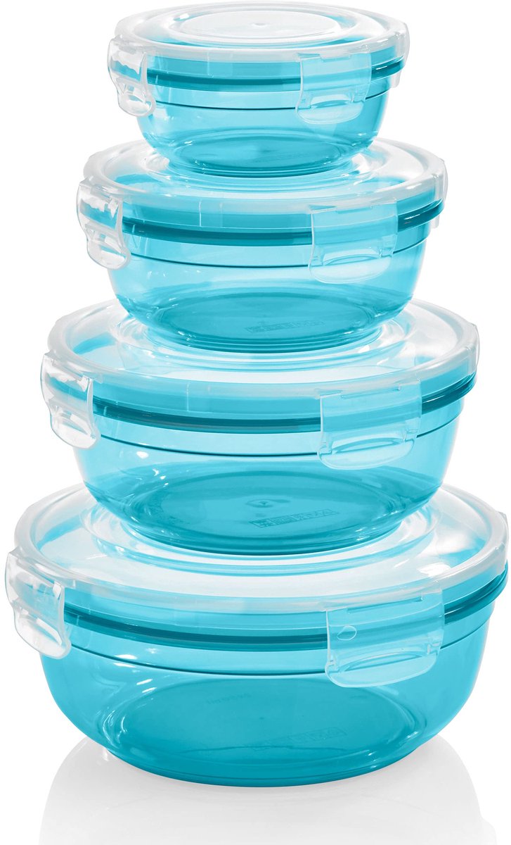 Grizzly set van 4 voedselcontainers (0,4L, 0,8L, 1,4L, 2,3L), rond, kunststof, 100% luchtdicht/waterdicht, magnetronbestendige opslagcontainers, benzine