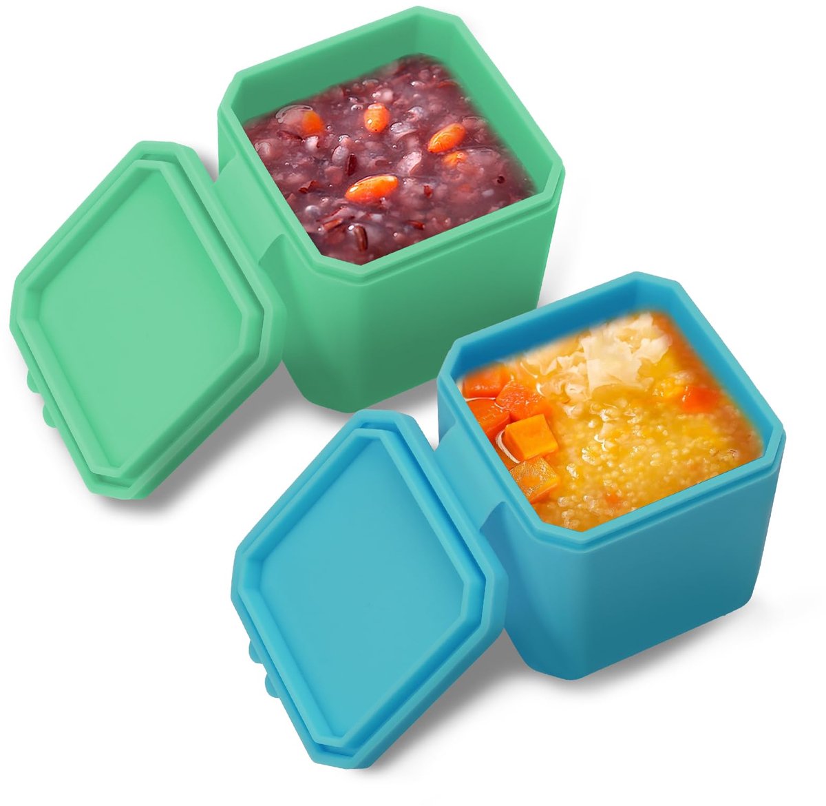 Adorila 2 kleine siliconen snackbakjes met deksel, lekvrije saladedressingcontainer, lunchbox voor op kantoor, op reis en picknick (groen, blauw)
