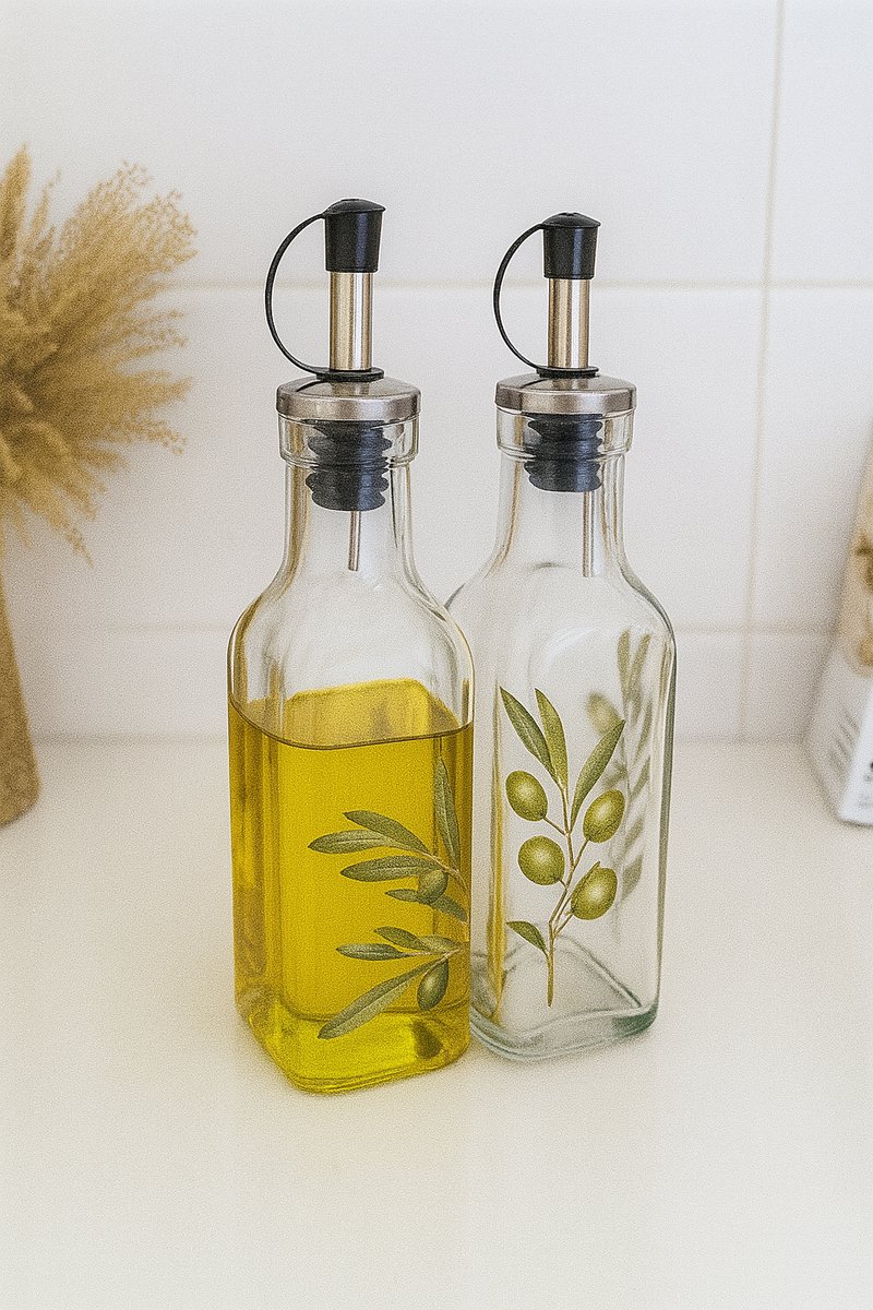 Precisie Home – Olie & Azijn Flessenset – 2-delig – Glazen Flessen met Olijfdesign – RVS Schenktuiten – 300ml per stuk