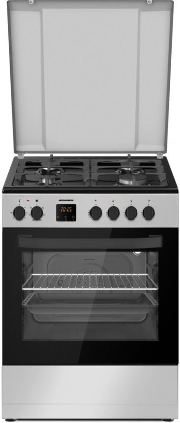 Heinner Vrijstaand Gasfornuis – 4 Kookzones – Elektrische oven met 6 functies & Grill – Elektrische Ontsteking – Digital Timer – 5 Jaar Garantie – Zilver