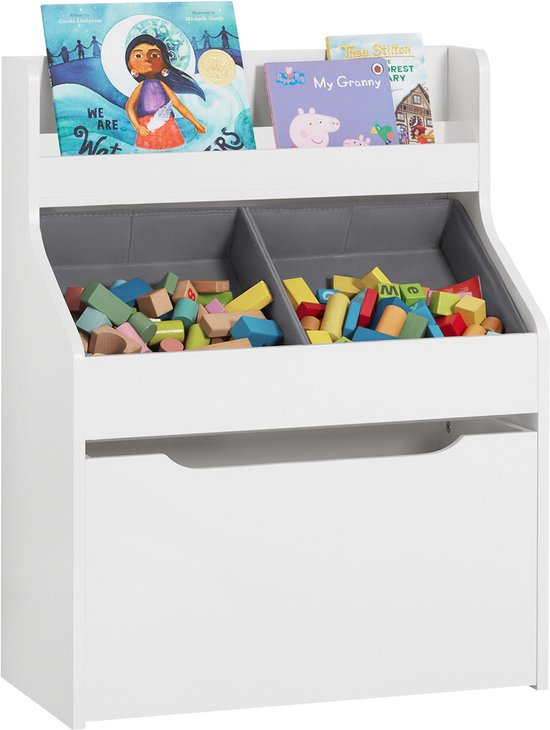 SoBuy Boekenrek voor kinderen, speelgoedrek, boekenkast met wielen voor kinderkamer en speelkamer, opbergmeubel voor kinderen, design voor speelgoed en boeken, 50 x 40 x 53 cm KMB103-WN