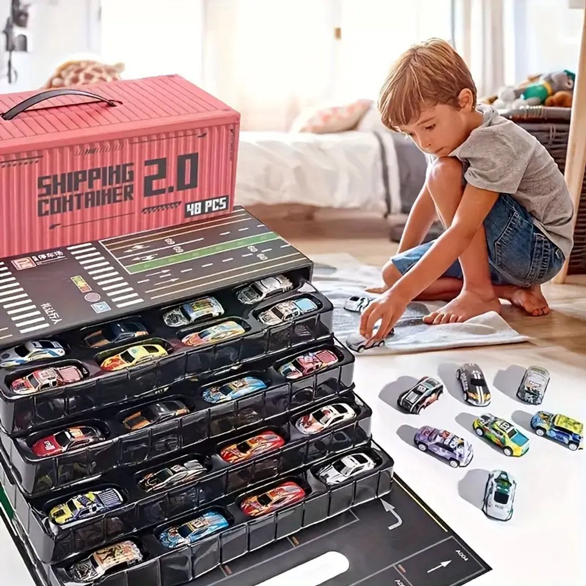 48 stuks Speelgoed auto's - Raceset in Cadeaubox – Inclusief Racebaan, Wegenkaart – Interactieve Speelset voor Kinderen – Verzamelauto’s – Cadeau voor Jongens en Meisjes - Speelgoed auto set- Speelgoed voor Kerst -Speelgoed voor Verjaardagen — afbeelding 4