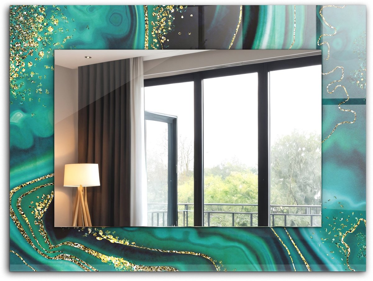 Tulup Spiegel - Vierkante Spiegel - Spiegel op gehard Glas - Abstract groene textuur - 80 x 60 cm - Stijlvolle spiegel met grafisch motief - Slaapkamerspiegel - Badkamerspiegel - Gang - Kleedkamer - Make-up Spiegel - Luxe Spiegel - Ophangsysteem