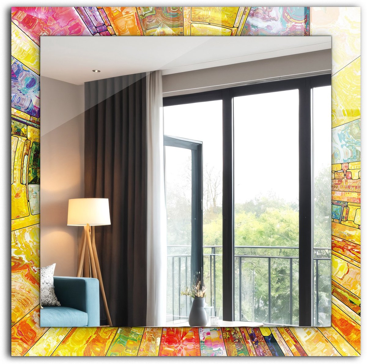 Tulup Spiegel - Vierkante Spiegel - Spiegel op gehard Glas - Kleurrijke abstracte mozaïek - 60 x 60 cm - Spiegel met decoratief motief - Slaapkamerspiegel - Badkamerspiegel - Gang - Kleedkamer - Scheerspiegel - Wanddecoratie Spiegel - Montageset