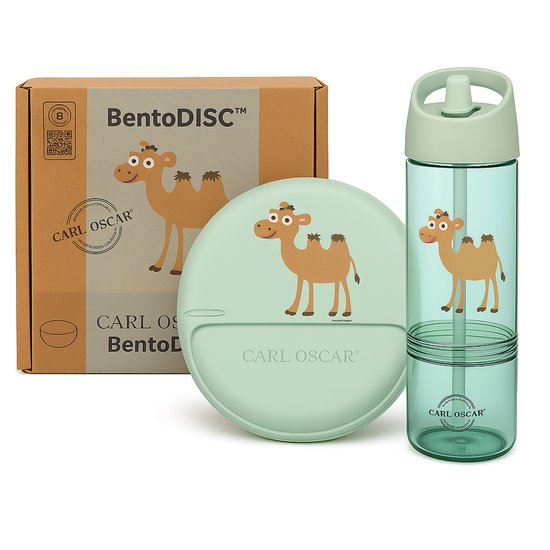 Carl Oscar – Green Camel – Coffret déjeuner Enfants – École et sorties – BentoDISC™ Ø18 cm – 0 L– Boîte de rangement et gourde 2 en 1 avec compartiment à goûter amovible
