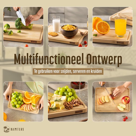 Namture Ensemble de planches à découper avec support – 3 Planches à découper – Design Uniek et Extra épais – Planche à découper en Bamboe de Premium – Antidérapante – Planche à boissons – Planche à tapas – Planche de service – Planche à fromage