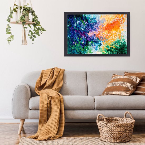 Dynamische abstractie in levendige kleuren - Kleuren canvas schilderij - Kunstwerk vormen - Abstracte kunst - Canvas met baklijst keuken - Slaapkamer accessoires - canvas met baklijst 90x60 cm