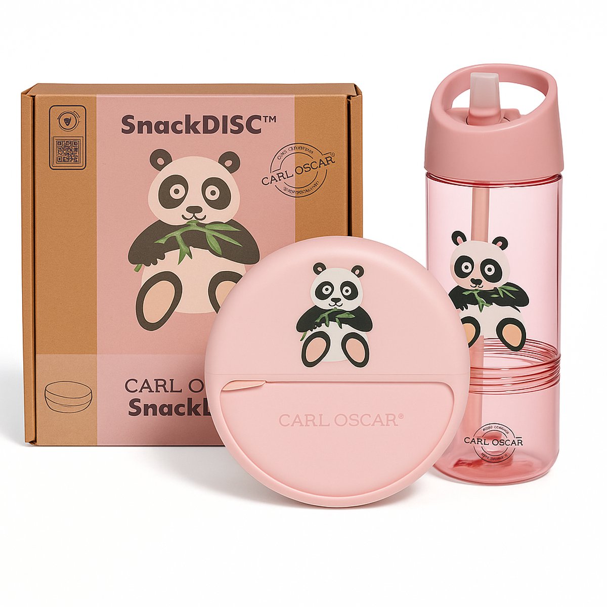 Carl Oscar – Roze Panda– Lunchset voor Kinderen – School & Uitjes – SnackDISC™ Ø15 cm – Opbergdoos & 2-in-1 Drinkfles met Afneembaar Snackcompartiment