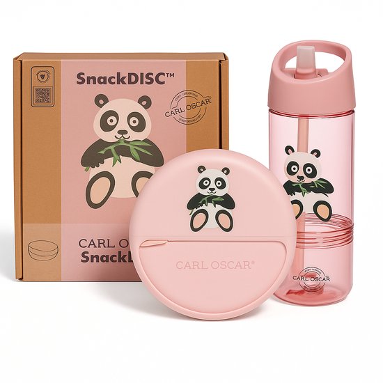 Ensemble de déjeuner Carl Oscar rose avec une boîte à collation ronde et une bouteille 2-en-1, toutes deux avec impression panda.