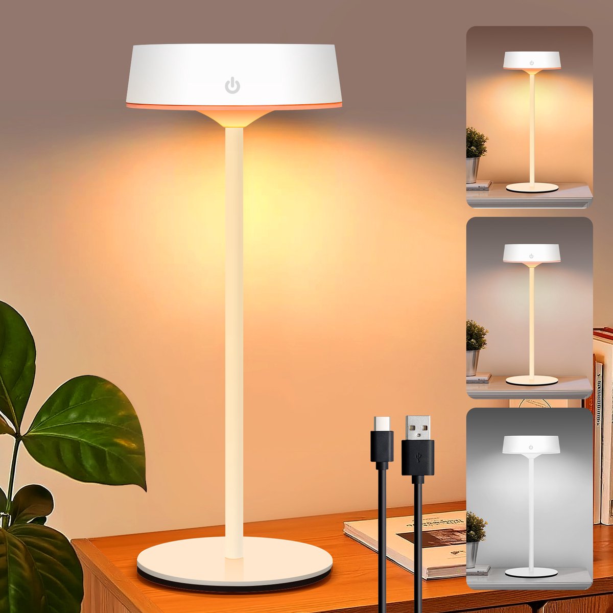 Rosnek LED Bureaulampen - Draadloze Solar Buitenlamp met Aanraakschakelaar, USB-Oplaadbare Tafellamp - IP67 Waterdicht, 3 Kleurtemperaturen, Traploos Dimbaar - voor Binnen en Buiten (Wit)