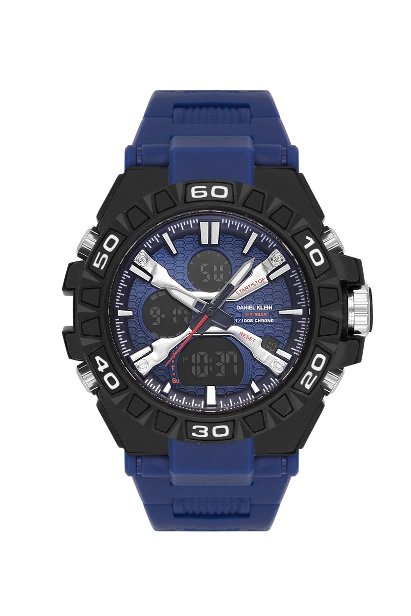 Daniel Klein DK.2220-3 - Horloge - Analoog - Digitaal - Heren - Mannen - Rond - Kunststof band - ABS - Strepen - Cijfers - Start-Stop - Reset - Chronograaf - Tweede tijdzone - Donkerblauw - Zwart - Zilverkleurig - Wit - Rood