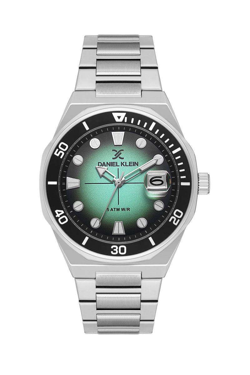 Daniel Klein DK.1.13989-3 - Horloge - Polshorloge - Analoog - Mannen - Heren - stalen band - Rond - Metaal - Streepjes - Stippen- Datumaanduiding - Zilverkleurig - Turkooisgroen - Zwart - Wit