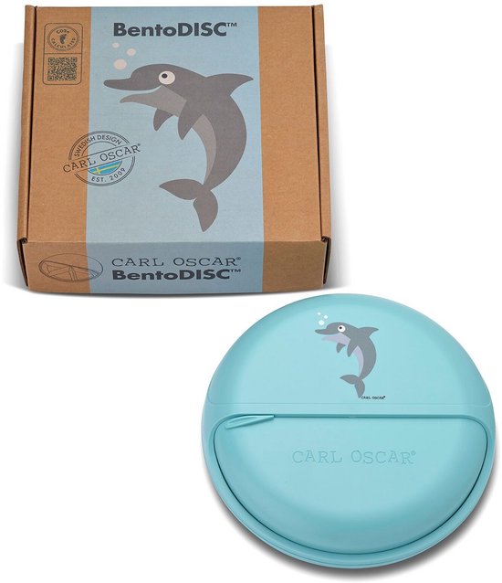 Carl Oscar – Blauw Dolphin – Coffret déjeuner Enfants – École et sorties – BentoDISC™ Ø18 cm – 0 L– Boîte de rangement et gourde 2 en 1 avec compartiment à goûter amovible