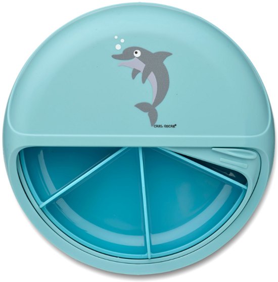 Carl Oscar – Blauw Dolphin – Coffret déjeuner Enfants – École et sorties – BentoDISC™ Ø18 cm – 0 L– Boîte de rangement et gourde 2 en 1 avec compartiment à goûter amovible