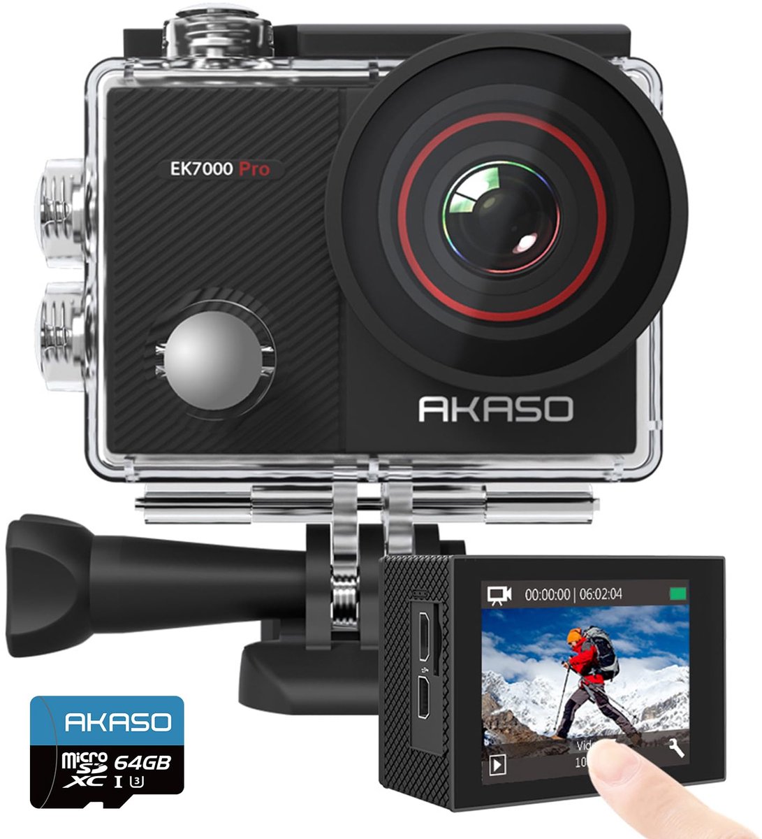 AKASO EK7000 Pro Action Camera 4K – Waterdicht 40m – WiFi – Touchscreen – Afstandsbediening – Onderwatercamera met 64GB SD-kaart & Accessoireset