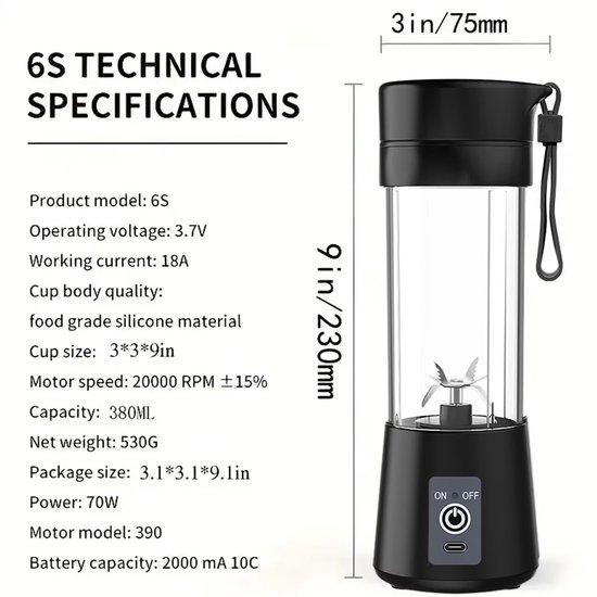 Blender - Mini Blender - Smoothie Maker - Oplaadbare mini Blender - Portable Blender - Fruitpers - Zwart van Merkloos — afbeelding 5