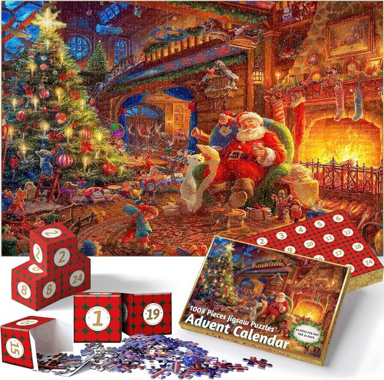 Adventskalender 2025 - Kersttafereel 24 Dagen Puzzel Aftelkalender - Voor kinderen, jongens, meisjes, tieners - 1000-delige puzzel adventskalender - Willekeurige puzzelvolgorde - Legpuzzel van de Kerstman