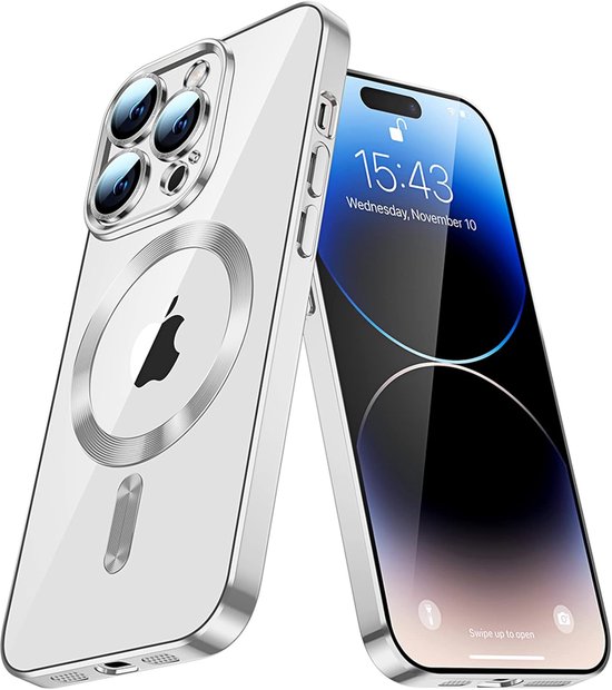 Coque de téléphone compatible avec iPhone 15 Pro Max – Coque en Siliconen Chrome – Compatible MagSafe – Protection de caméra intégrée – Argent – FuturiQ