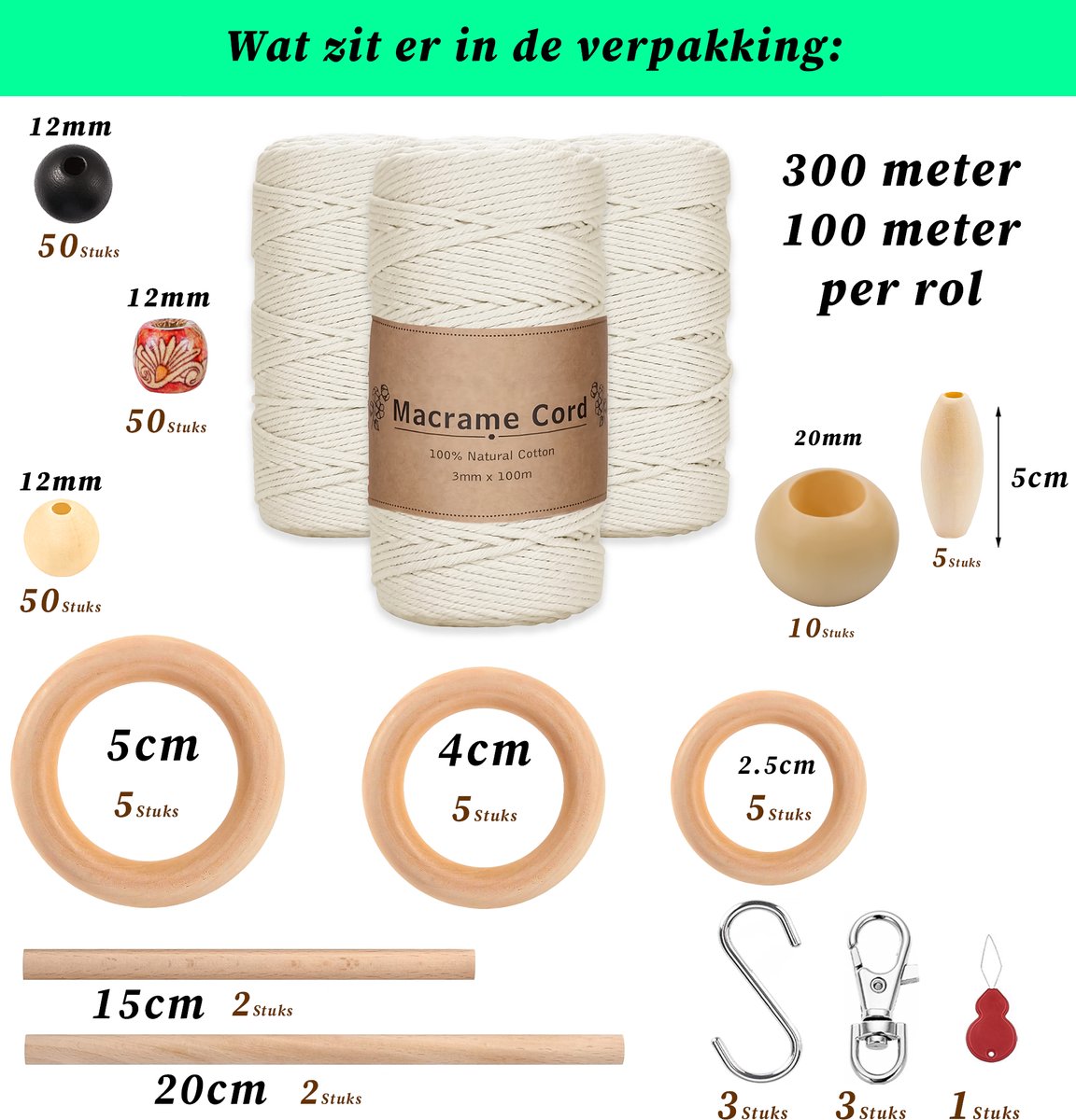 300 Meter 3mm Macramé Touw Compleet Pakket met Houten Ringen en Kralen - Hobby DIY Natuurlijk Katoen Koord\Garen voor Wandkleed en Plantenhanger Zelf Maken - Volwassen\ Kinderen Knutselen Set voor Macramé en Sieraden Handwerk- Incl. E-boeken — afbeelding 2
