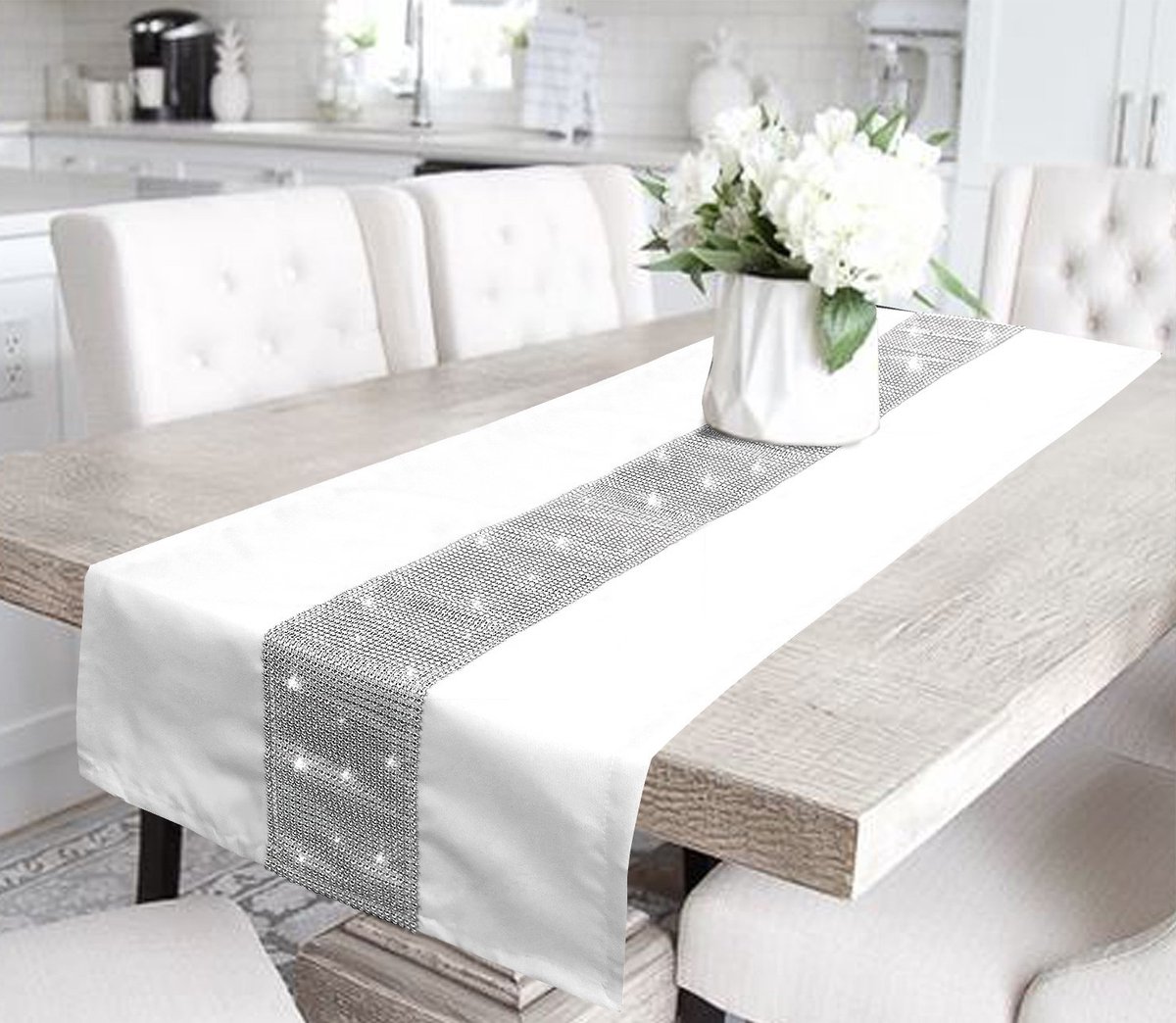 Tafelloper wit - 140 x 38 cm - Wit met Zirkonen- Tafelloper - Wit met zilver - Tafelkleed wit - Glamour