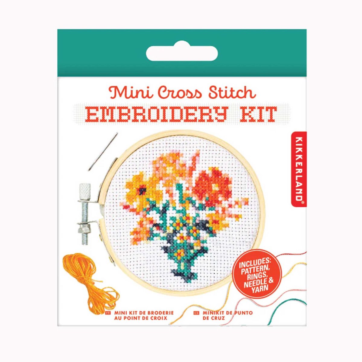 Mini Borduurset Flowers - Kikkerland Mini Cross Stitch Embroidery Kit - Ø7,6 cm bamboe ring - Bloemen Borduur Kit - DIY Cadeau Creatieveling