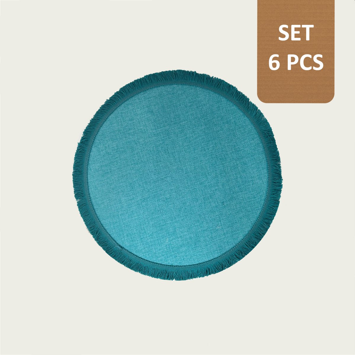 Arca TONDA - Placemats - Rond 39cm - Set van 6 - turquoise - met franjes aan de boord in dezelfde kleur - polyester - makkelijk in onderhoud