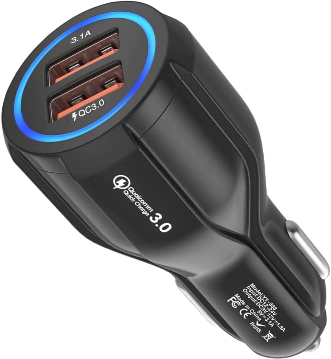 1x USB sigarettenaanstekerlader, 2-poorts Autolader met Quick Charge 3.0, geschikt voor iPhone, Samsung, Huawei en meer