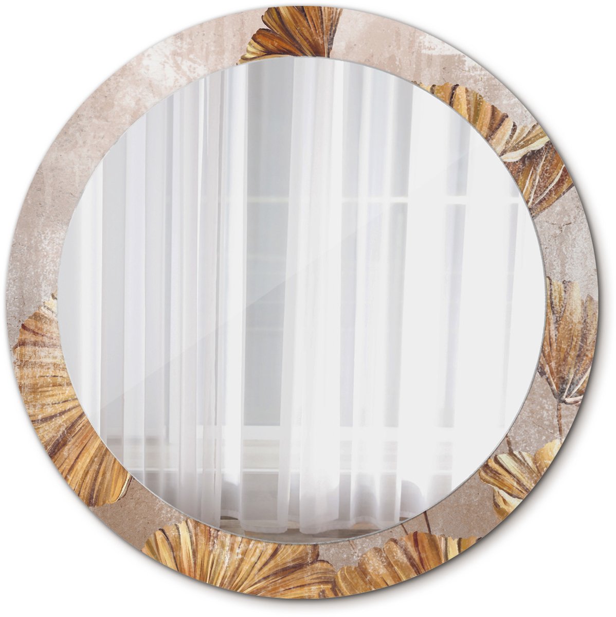 Tulup Spiegel - Ronde vorm Spiegel - op gehard Glas - Boho bladeren - Diameter: 80 cm - Decoratieve spiegel - Inloopkastspiegel – Badkamerspiegel - Toiletspiegel - Gele - Luxe Spiegel - Elegant Spiegel - Ophangsysteem