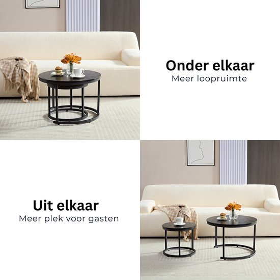 Home-Heaven® Salontafels Rond Zwart Hout – Bijzettafel Set Van 2 – Salon tafel Ø60cm & 40cm