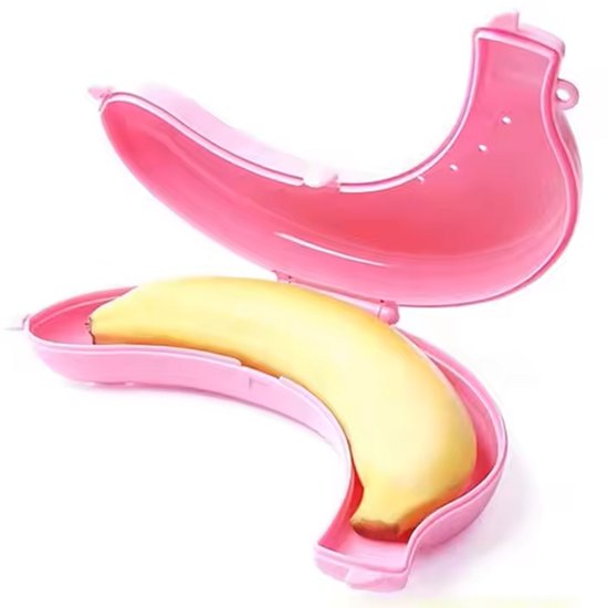 Boîte à bananes rose avec une banane jaune à l'intérieur.