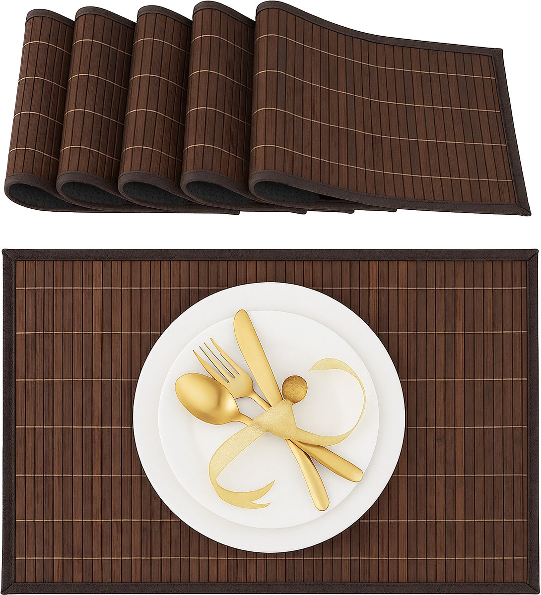 placemat set van 6 - 45x30 cm - bamboe - antislip - afwasbaar - bruin