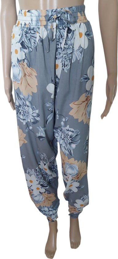 Broek - Zomerbroek - Yoga broek - Strandbroek - Palazzo - Elastische Band - Dames - Comfort - Kleur Grijs/Wit/Goud - Maat 44-46