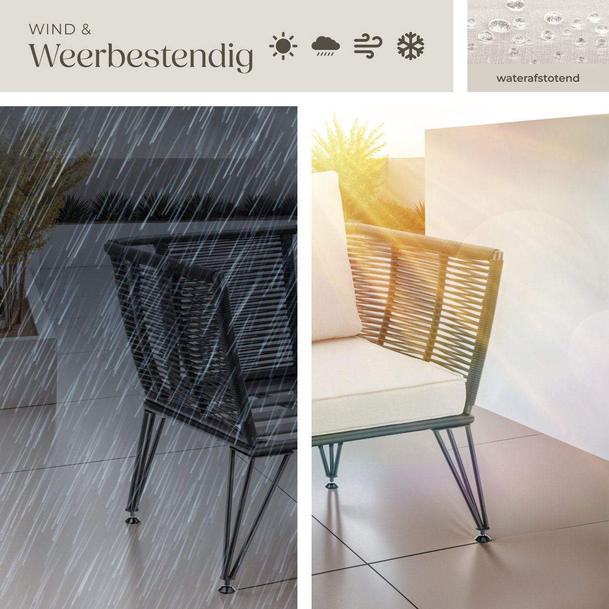 tectake® Loungestoelen Sundo - 4 Fauteuils voor Tuinset, Balkonset of Terras - Wicker Tuinstoelen Set in Rope-Design - Weerbestendig - Inclusief Kussens - Loungestoel Buiten - Loungeset Tuinmeubels thumbnail 6