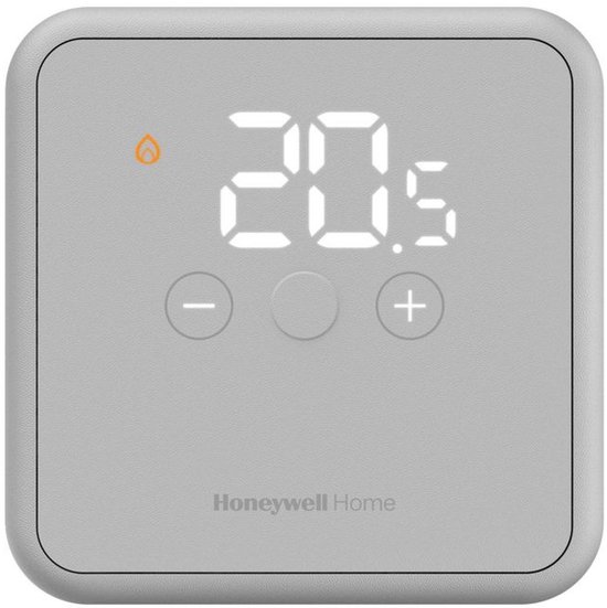 Grijze Honeywell Home thermostaat met digitaal display waarop 20.5°C en een vlamicoon staan.