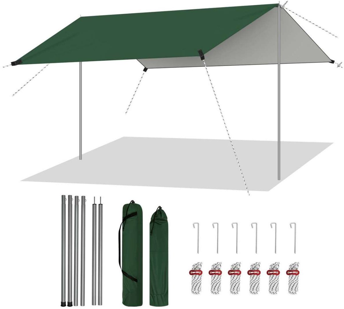 Waterdicht tentzeil 3x3 m, inclusief stokken, oogjes, touwen en haringen, groen