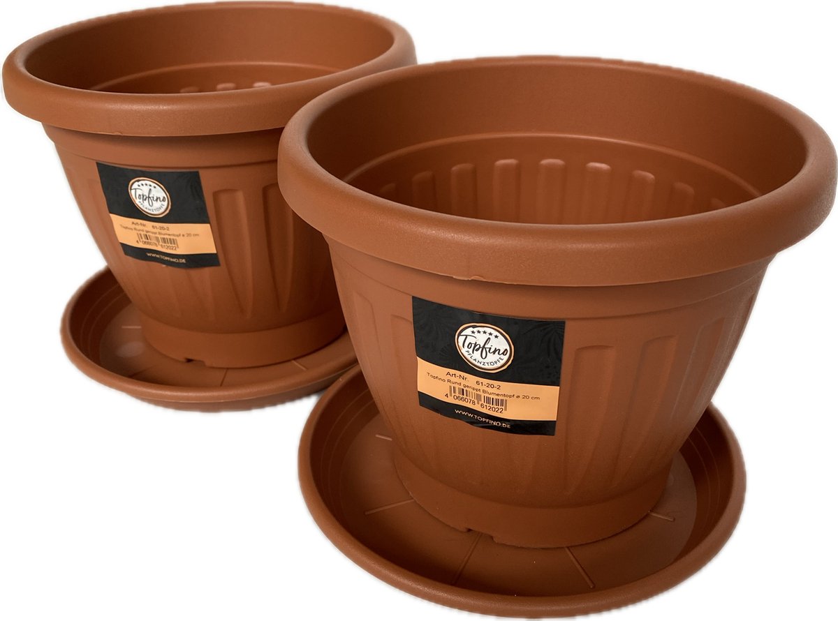 Set van 2 stuks - Bloempotten Geribbeld met Onderzetters - Plantenpot Geribbeld met Schotel - 20x15.5cm - Kunststof - Terracotta