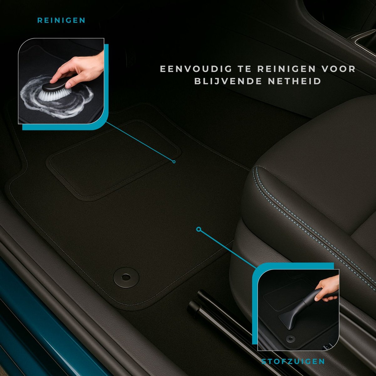 moto-MOLTICO Fußmatten Auto - Velours Autoteppiche passend für Renault Zoe ab 2012-4-teiliges Set - Schwarze Automatten mit Blauen Ziernähten