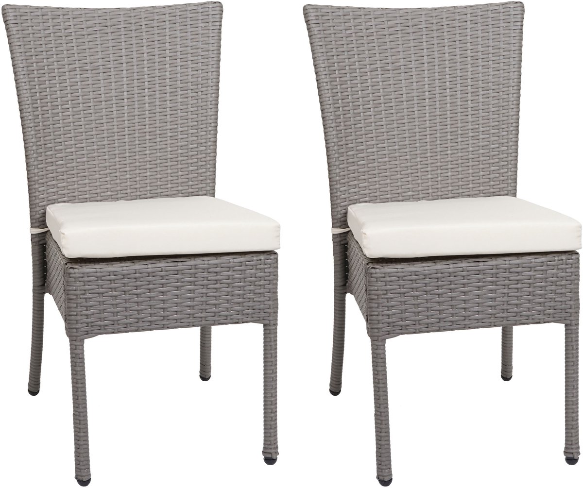 Set van 2 polyrotan stoelen MCW-G19, balkonstoel, tuinstoel, stapelbaar ~ grijs, kussens crème