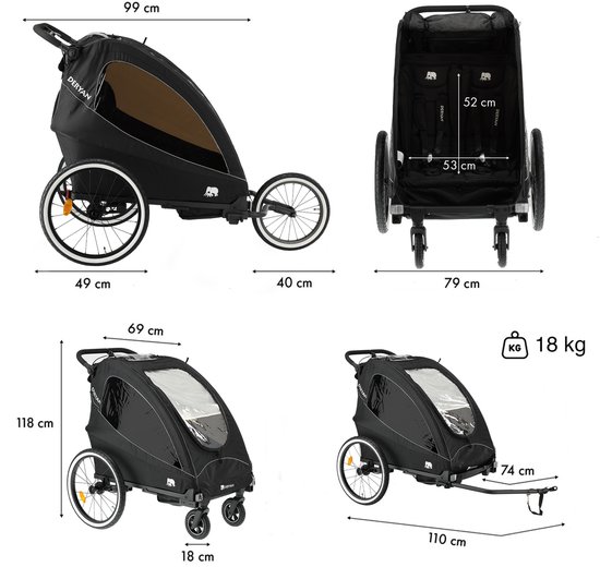 Deryan Luxe Fietskar - fietskar en wandelwagen en hardloopkinderwagen - Zwart van Deryan — afbeelding 2