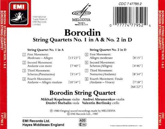Achterkant van een albumhoes met de titel "Borodin String Quartets No. 1 in A & No. 2 in D", tracklijsten en artiesteninformatie.