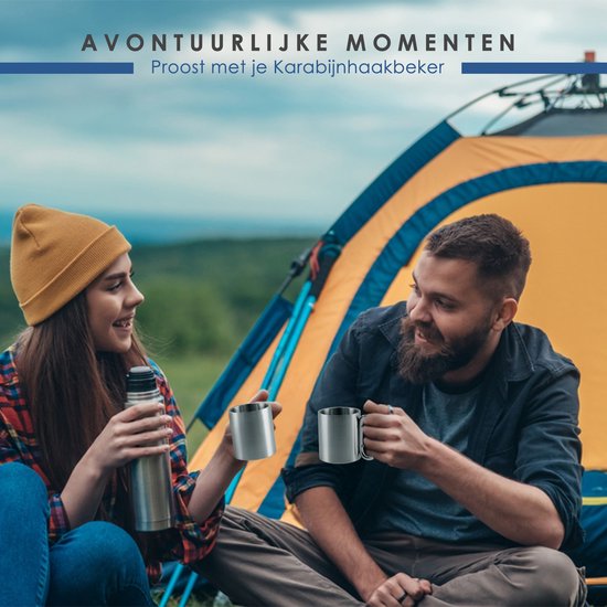 Camping Beker RVS Dubbelwandig - 2 Stuks - 220ml - Met Karabijnhaak - Lichtgewicht Outdoor Thermobeker - 8x7cm - Zilveren Isolerende Mok van Camping — afbeelding 3