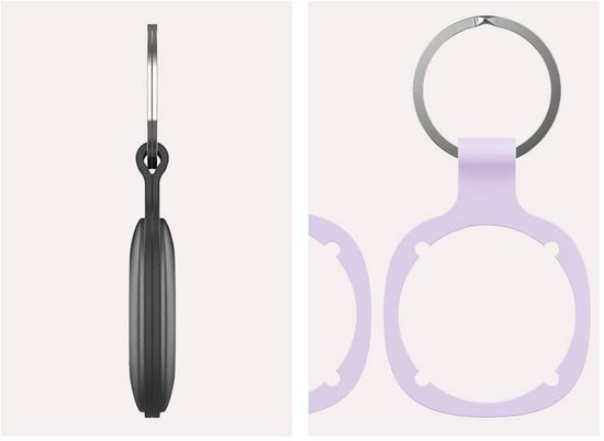 Zijkant van een donkergrijze Smart Finder. Lichtpaarse bumpers met sleutelring accessoires.