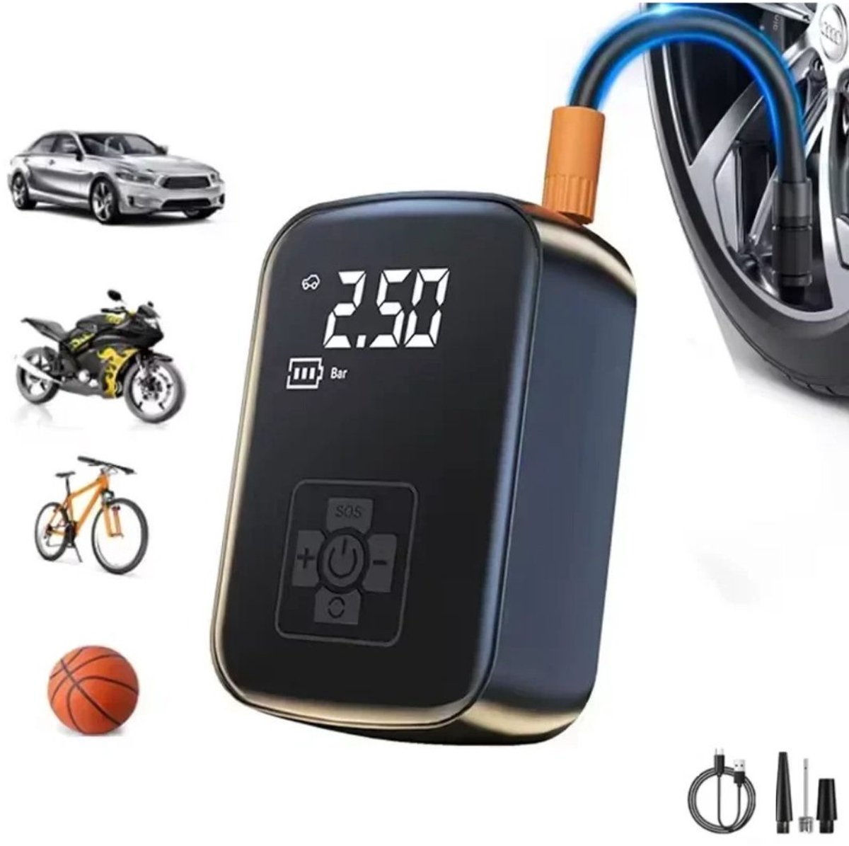 Serolux® - Electrische Pomp - Electrische Fietspomp - Draagbare Electrische pomp - Elektrische luchtpomp - Elektrische Bandenpomp - Fietsaccessoire - Compact - Krachtig - 150 PSI - 10 Bar - Oplaadbaar - Snel - Extra aansluitingen - Zwart